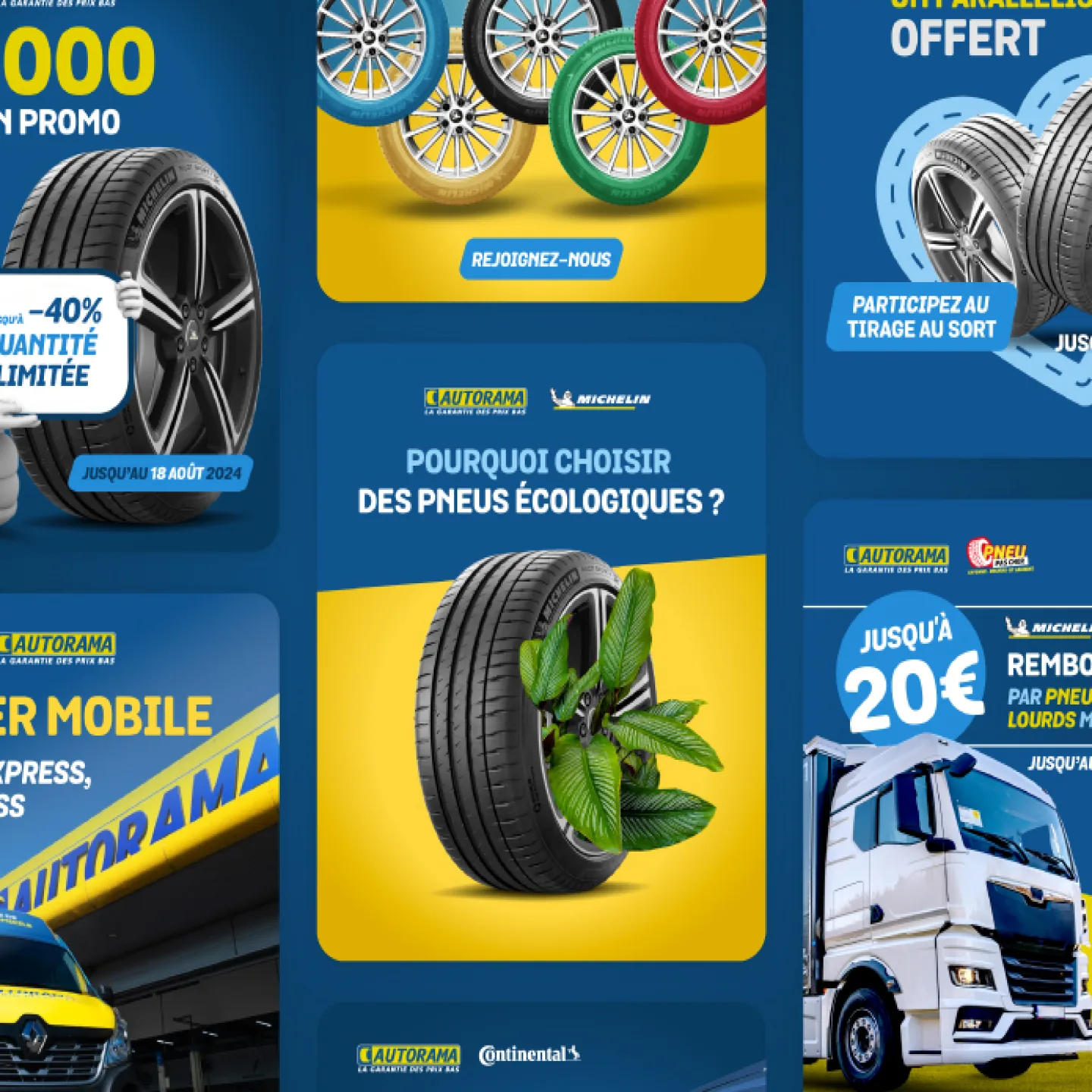Mosaïque de publications Autorama : pneus écologiques, promotions et intervention mobile