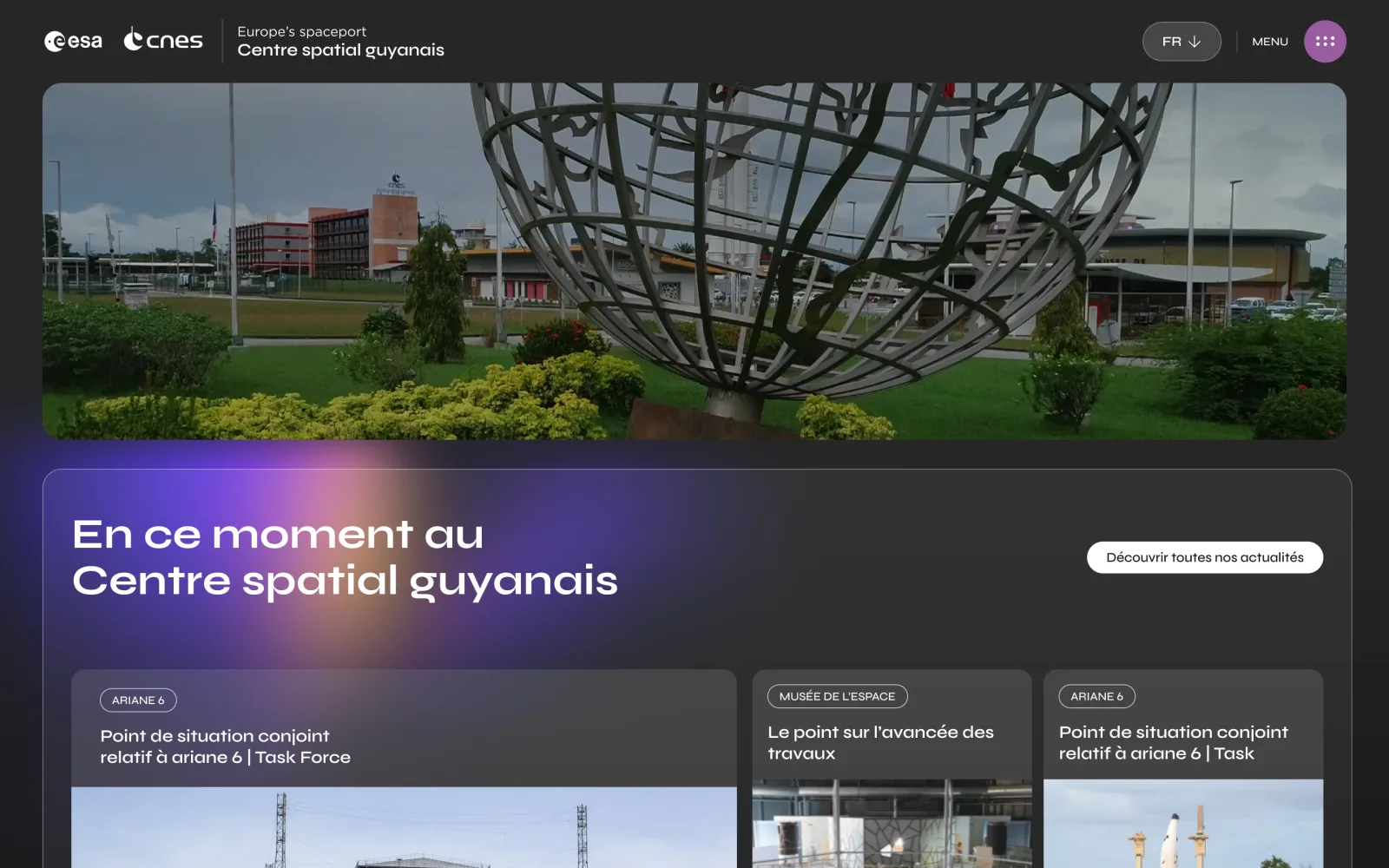 Maquette de l’accueil, premier écran : l’en-tête aux logos de l’ESA et du CNES, la photo du centre et « En ce moment au Centre spatial guyanais »