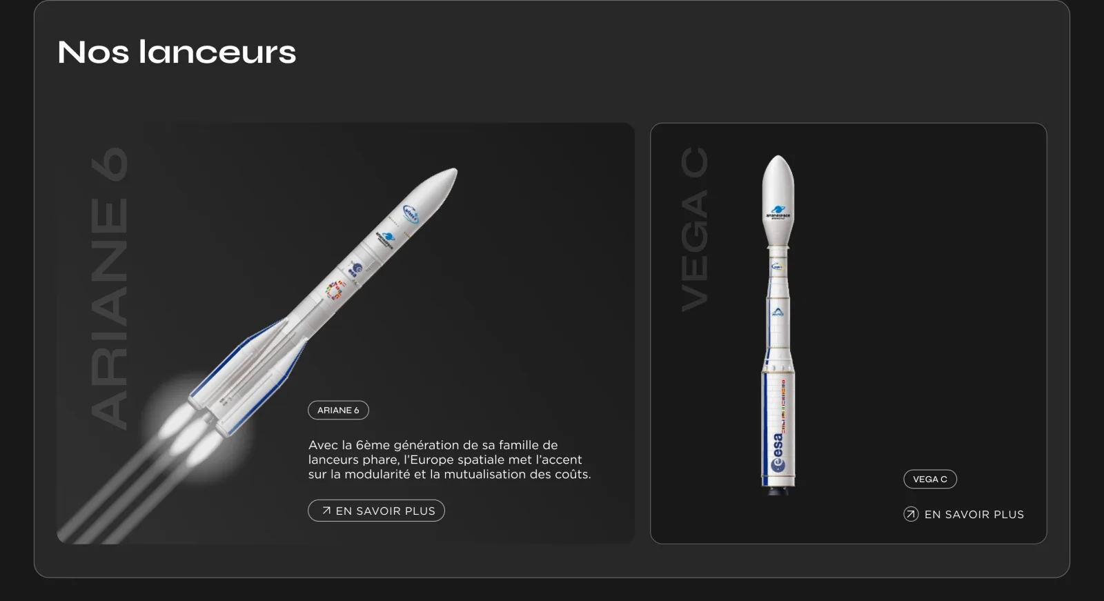 Maquette du bloc « Nos lanceurs » : Ariane 6 et Vega-C dans deux cartes sombres