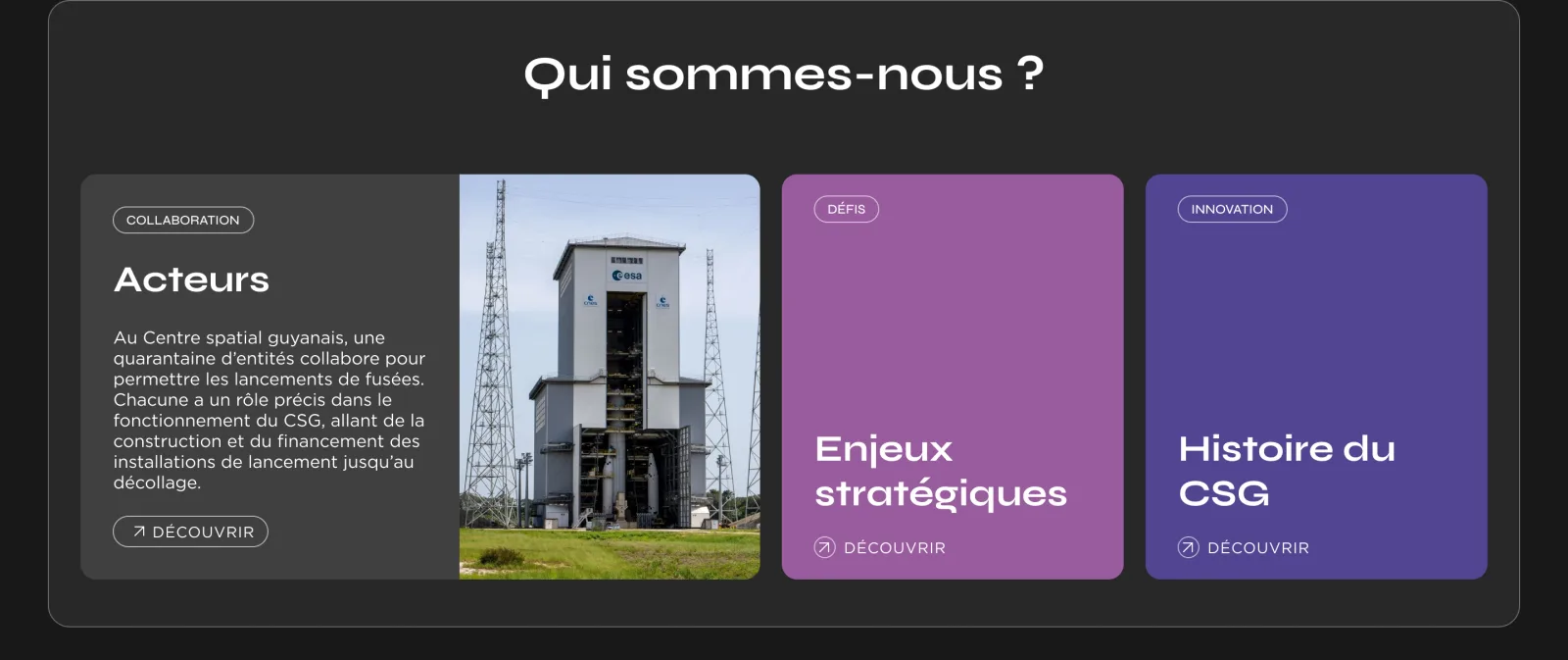 Maquette du bloc « Qui sommes-nous ? » : les acteurs du centre, ses enjeux stratégiques et son histoire, en cartes grise, mauve et violette