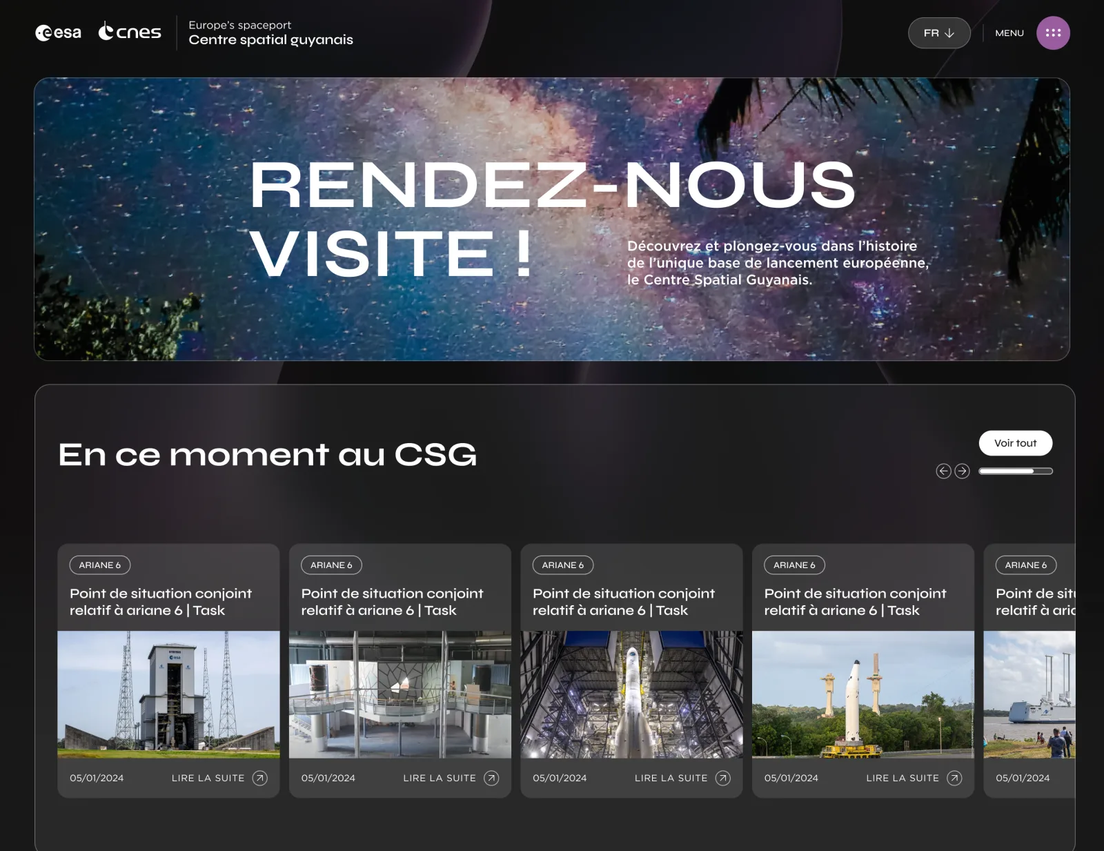 Maquette du haut de la page Guyaspace : « Rendez-nous visite ! » sur la Voie lactée, puis les actualités du CSG
