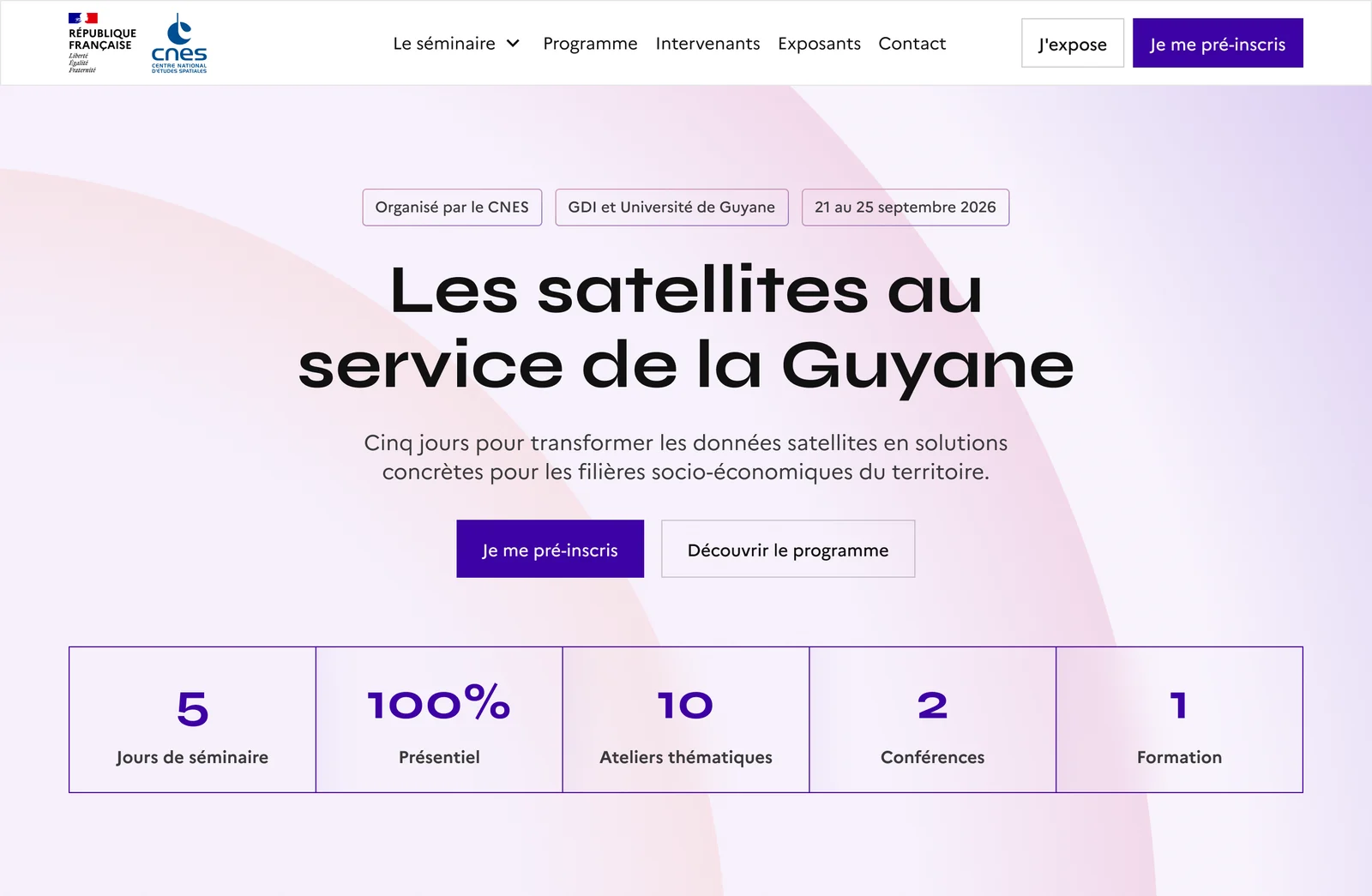 Mockup of the website home page during pre-registration: the title “Satellites serving French Guiana” and the seminar’s key figures