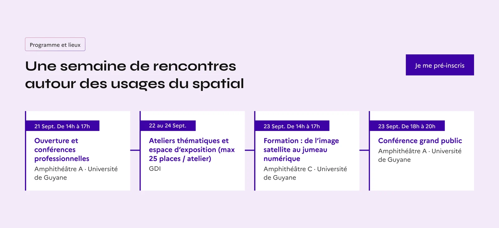 Mockup of the “A week of meetings on the uses of space” block: the seminar’s four main events