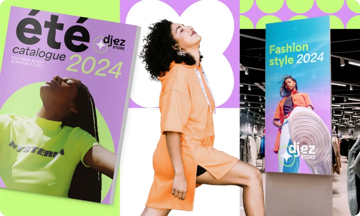 Identité Djez Store déclinée : couverture du catalogue « été 2024 », portrait en robe orange sur les aplats violet et vert, totem « Fashion style 2024 » dans un magasin (mises en situation)