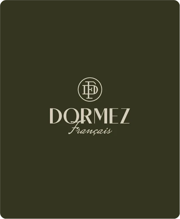 Logo Dormez Français, monogramme DF et nom de la marque en gris-beige sur fond vert