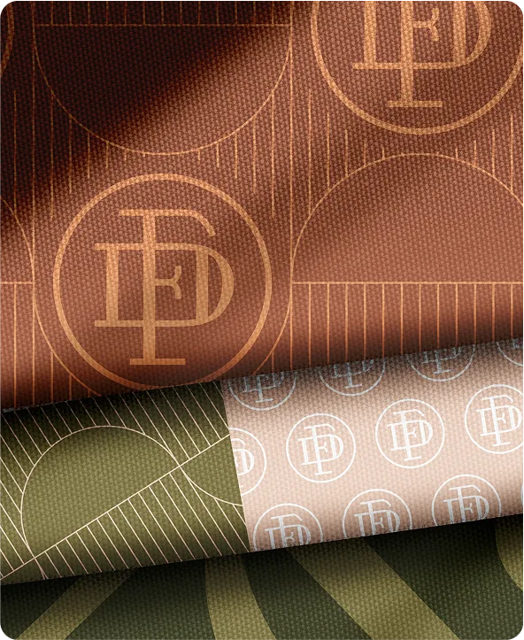 Tissus aux motifs Dormez Français : monogramme DF, arcs et rayures, en terracotta, rose poudré et vert