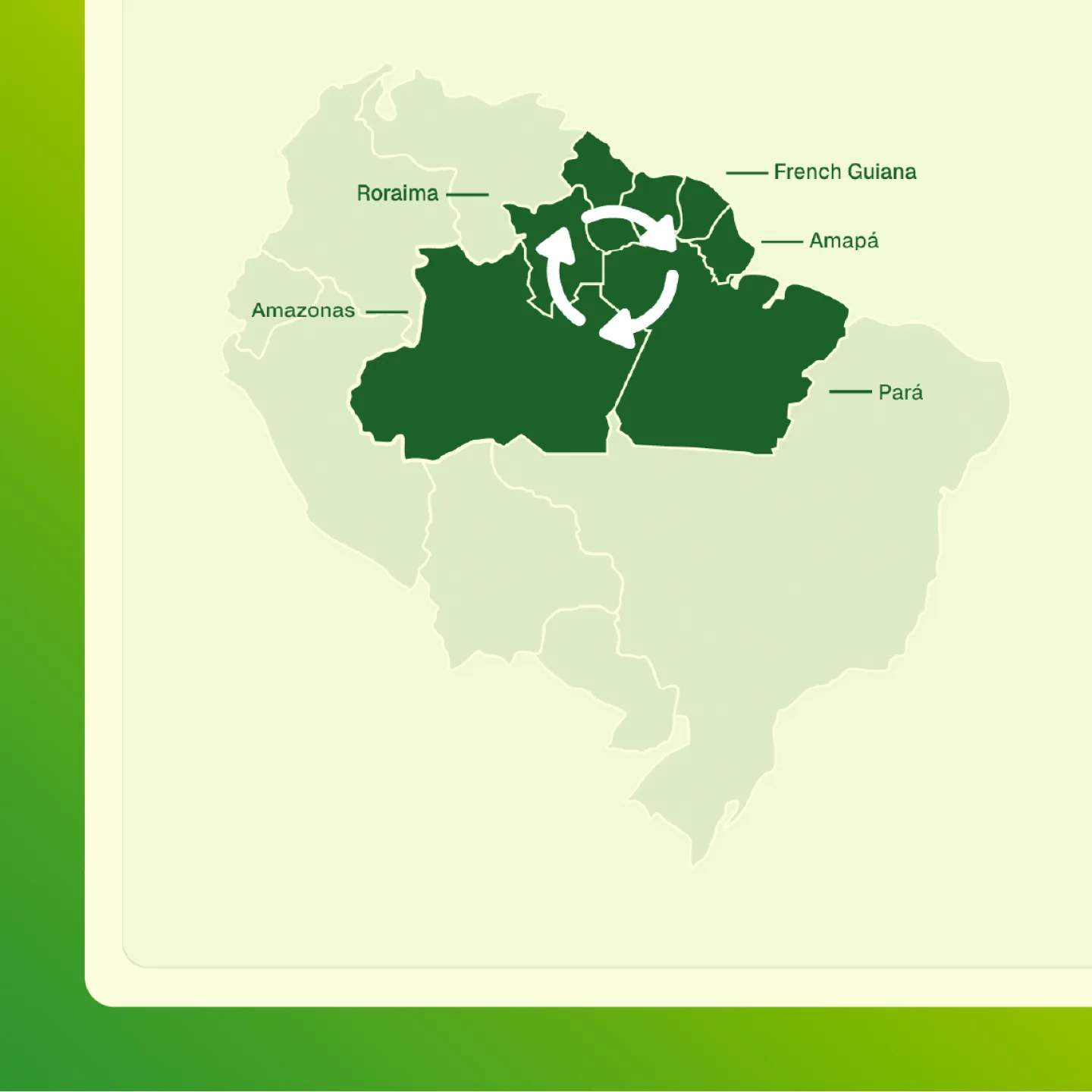 Carte du site One Guiana : le plateau des Guyanes en vert foncé, avec la Guyane française, l’Amapá, le Pará, le Roraima et l’Amazonas