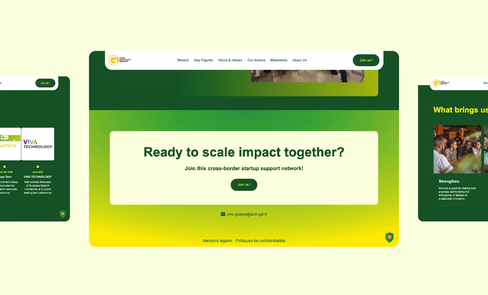 Bas de page du site One Guiana : « Ready to scale impact together? » et le bouton pour rejoindre le réseau