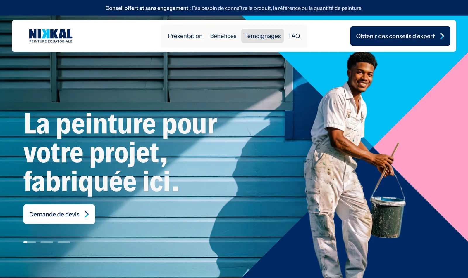 Page d’accueil du site NIKKAL à l’ordinateur, premier écran : « La peinture pour votre projet, fabriquée ici. » (maquette)