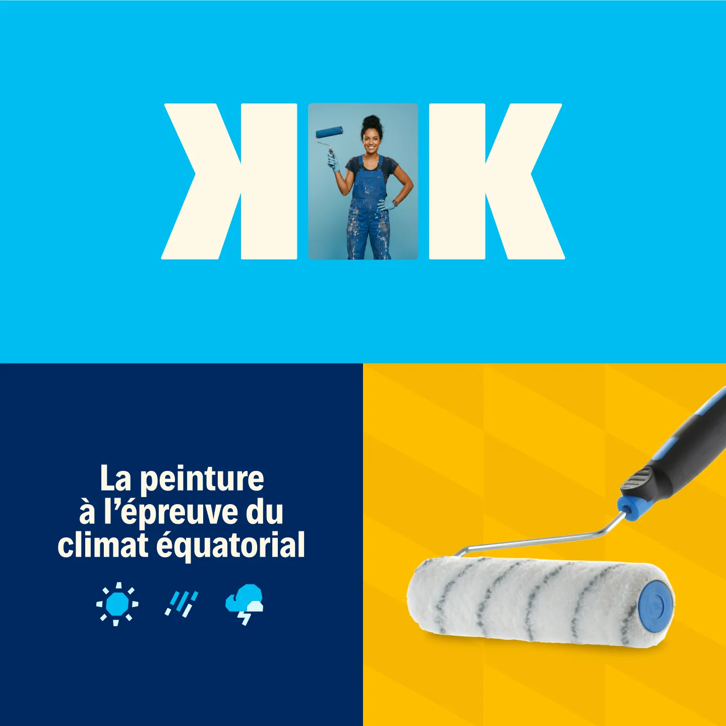 Univers graphique NIKKAL : les deux K du logo autour d’une peintre, et « La peinture à l’épreuve du climat équatorial » avec ses pictogrammes soleil, pluie et orage