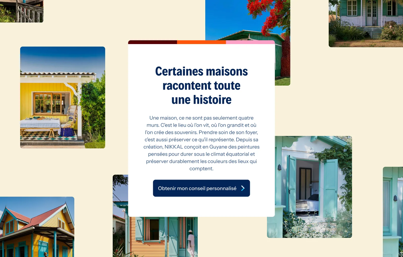 Site NIKKAL à l’ordinateur : « Certaines maisons racontent toute une histoire », au milieu de photos de maisons colorées (maquette)