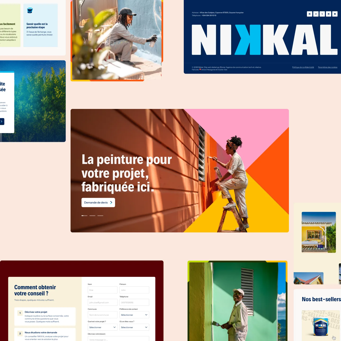 Écrans du site nikkal.fr : « La peinture pour votre projet, fabriquée ici », le formulaire de conseil et les best-sellers