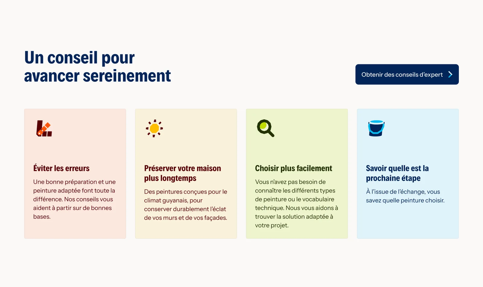 Site NIKKAL à l’ordinateur : « Un conseil pour avancer sereinement » et ses quatre cartes à pictogrammes (maquette)