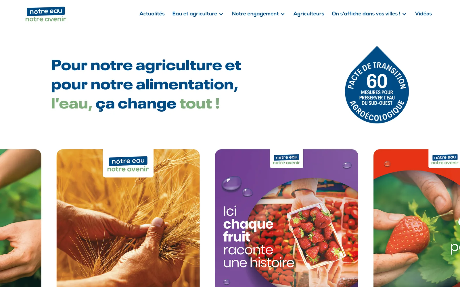 Accueil du site Notre Eau, Notre Avenir : le menu, le titre de la campagne et une photo dans une goutte d’eau