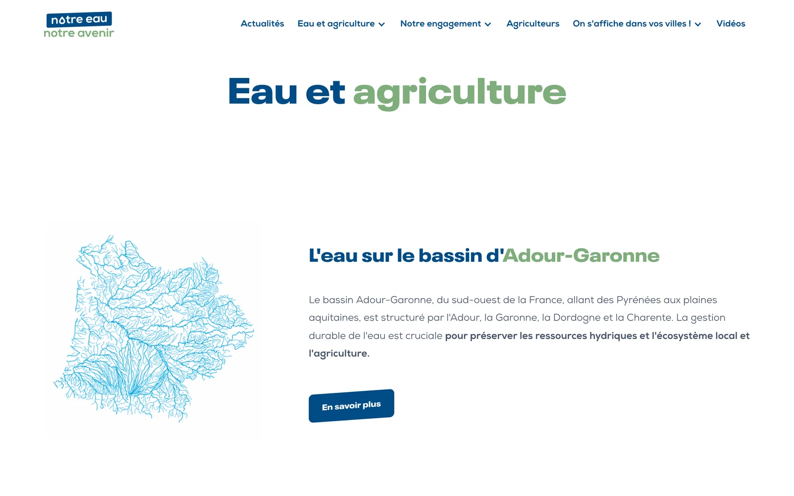 Page « Eau et agriculture » du site : l’eau et l’agriculture sur le bassin Adour-Garonne, avec leurs objectifs