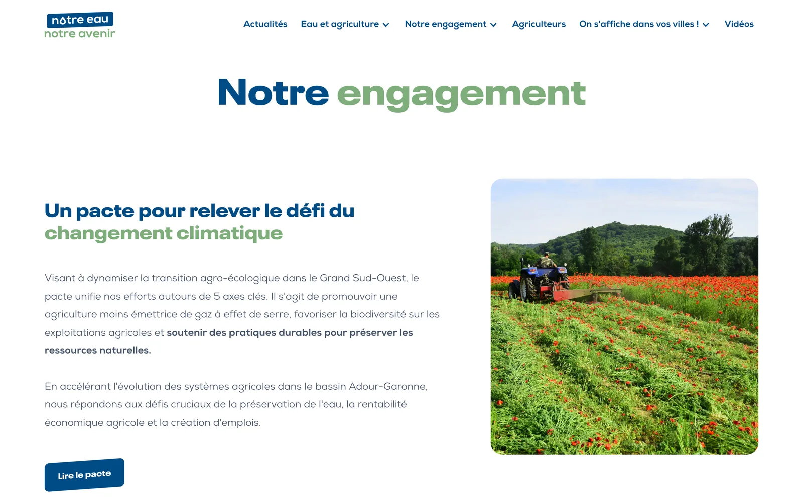 Page « Notre engagement » : le pacte pour la transition agro-écologique et ses objectifs