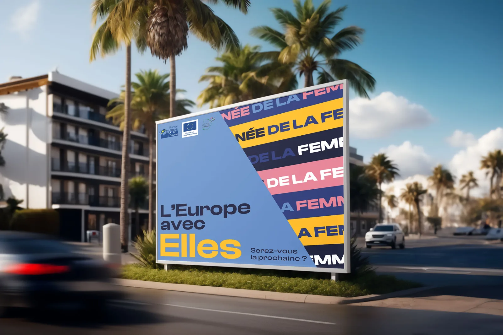 Campagne « L’Europe avec Elles », mois des femmes 2026 : mise en situation sur un panneau d’affichage