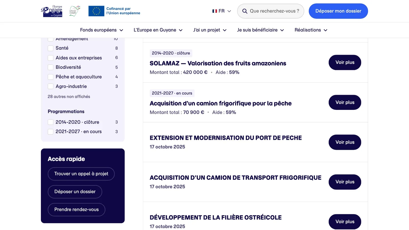 Page Projets financés en Guyane, avec ses filtres par fonds et par thématique