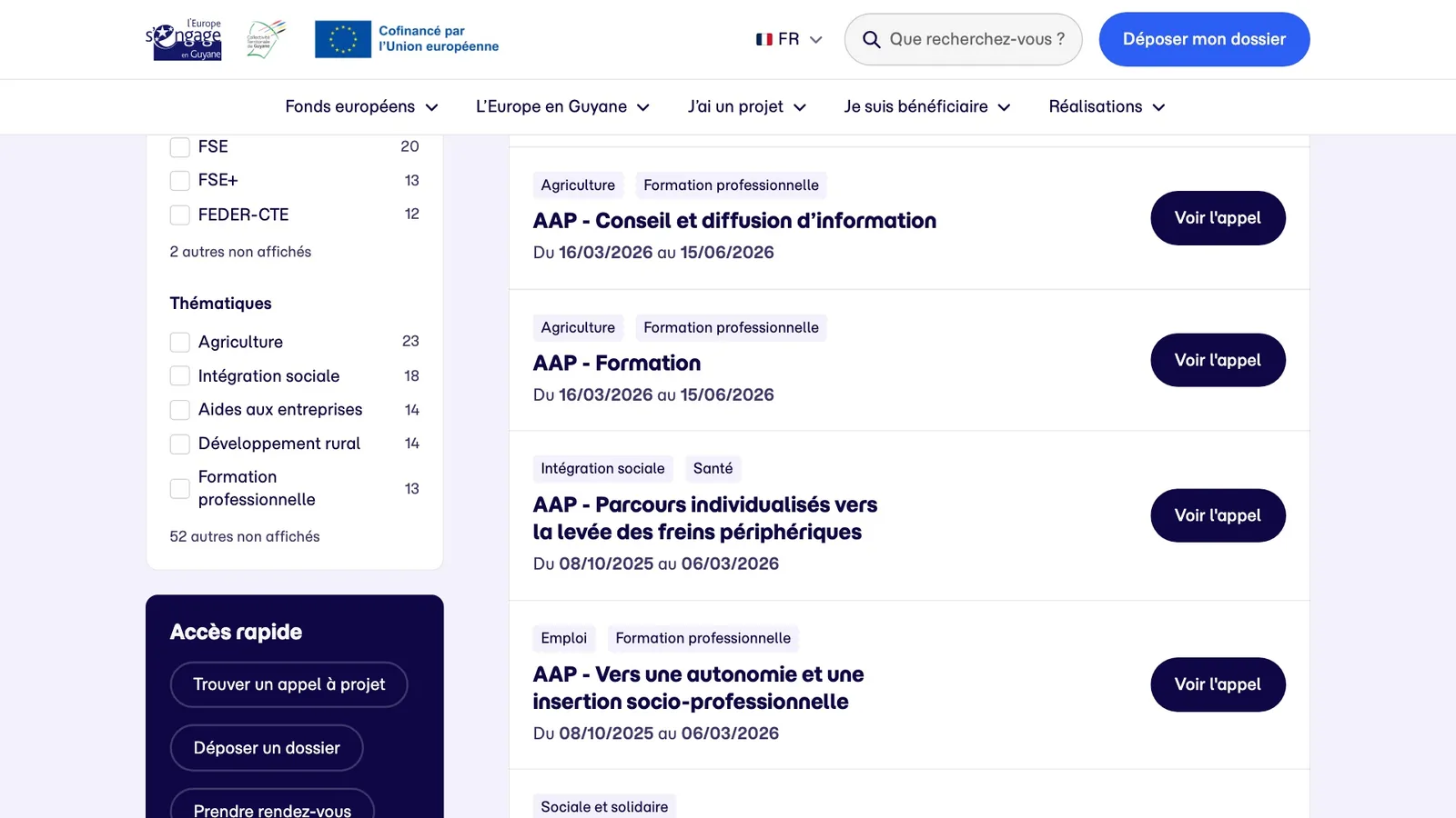 Page Financements ouverts : les appels à projets en cours, à filtrer par mode de dépôt