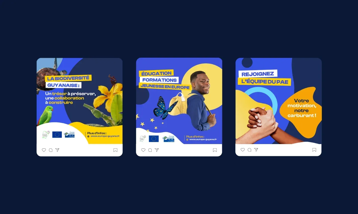 Univers graphique Europe en Guyane : trois publications pour les réseaux sociaux, sur la biodiversité, la formation et le recrutement