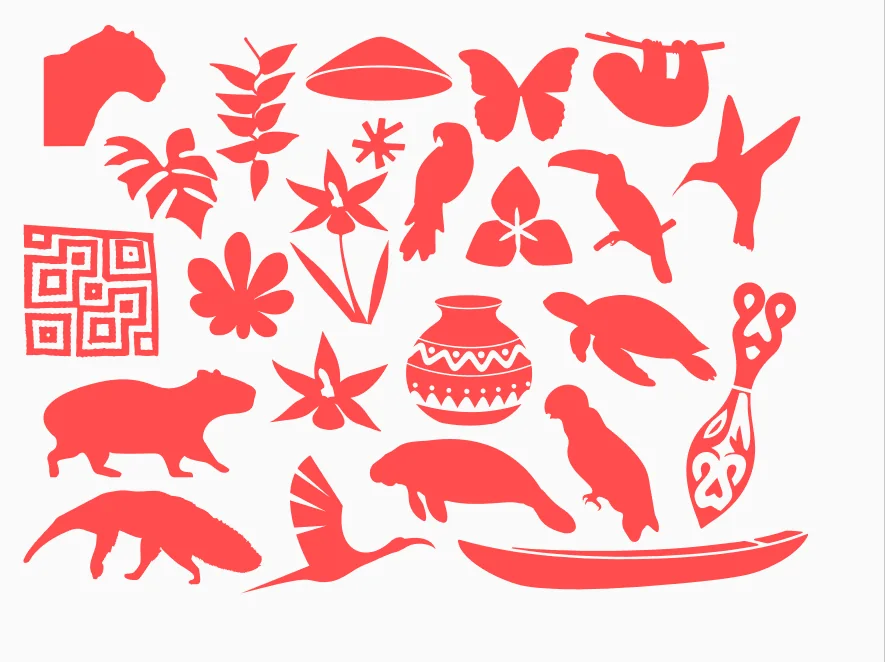 Illustrations de la charte graphique, en silhouettes rouges : jaguar, papillon morpho, paresseux, ara, toucan, colibri, tortue, poterie, pagaie, pirogue