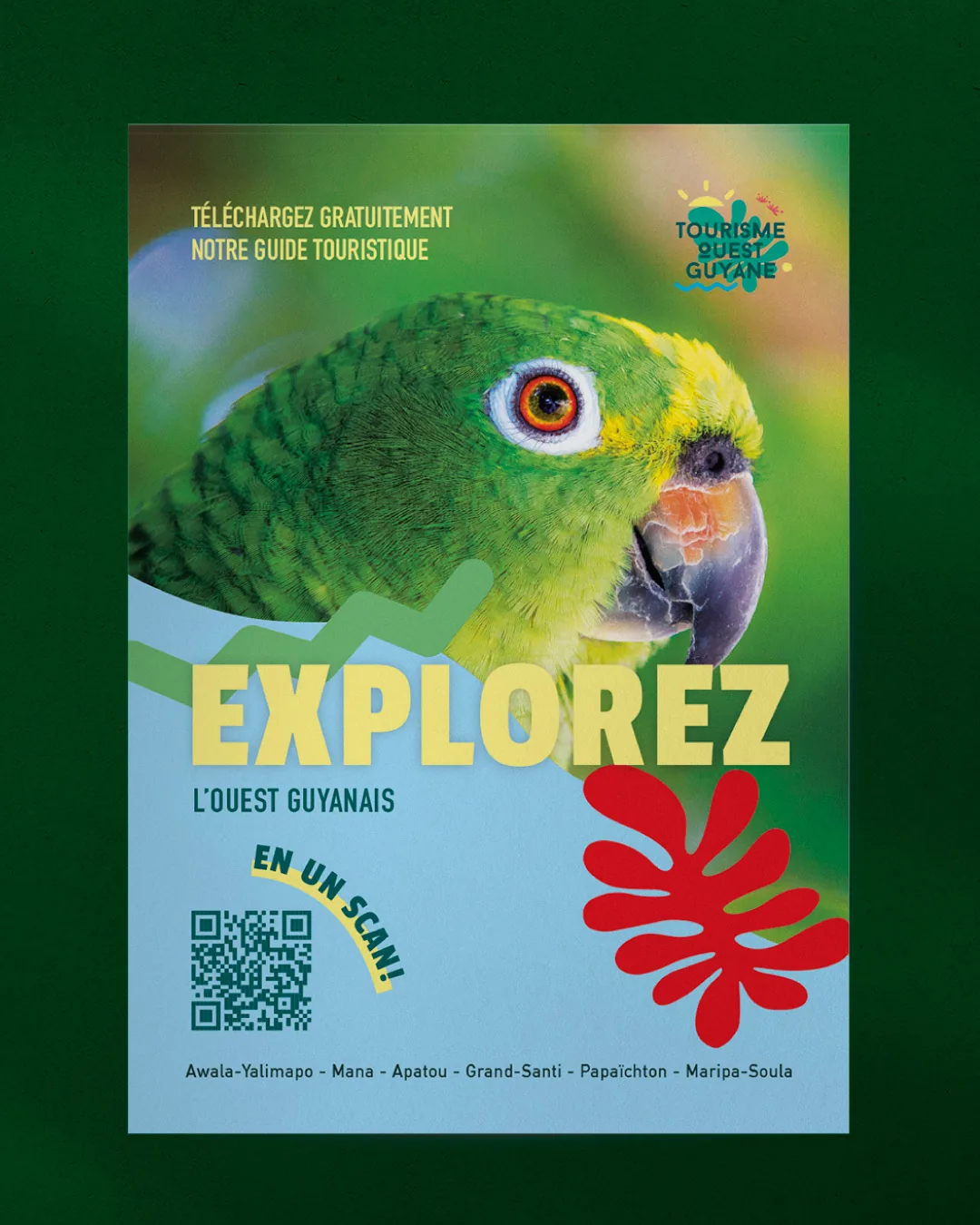 Affiche « Explorez l’Ouest guyanais » avec son QR code de téléchargement du guide