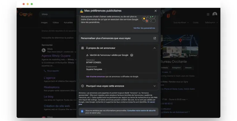 Screenshot of a Google search: the menu on a sponsored ad gives access to the advertiser’s other ads