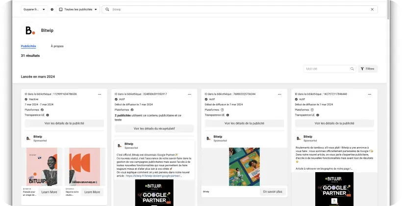 Screenshot of the Meta Ad Library: choosing the country and ad category, and searching for an advertiser