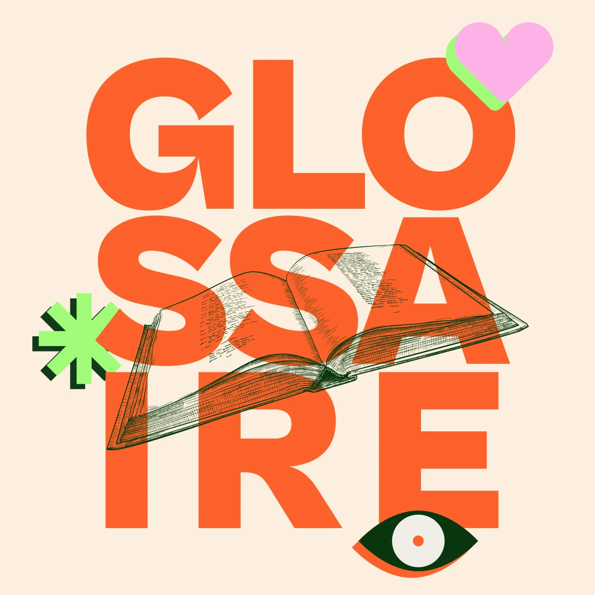 Le mot « Glossaire » en grandes lettres orange sur fond crème, un livre ouvert dessiné par-dessus