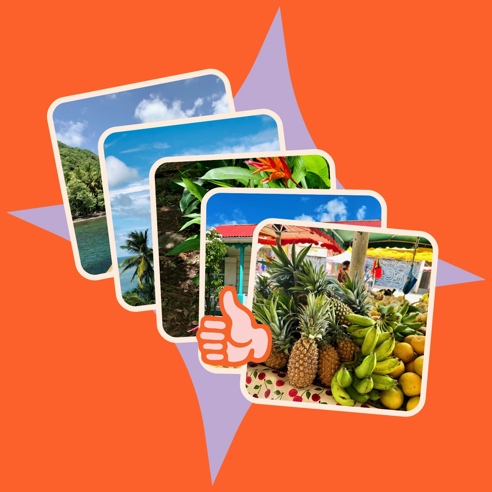 A stack of five posts, each with a different photo (a stall of pineapples and bananas, a Creole house, flowers, an islet, a pier), in front of a lilac four-pointed star on an orange background, with a thumbs-up sticker