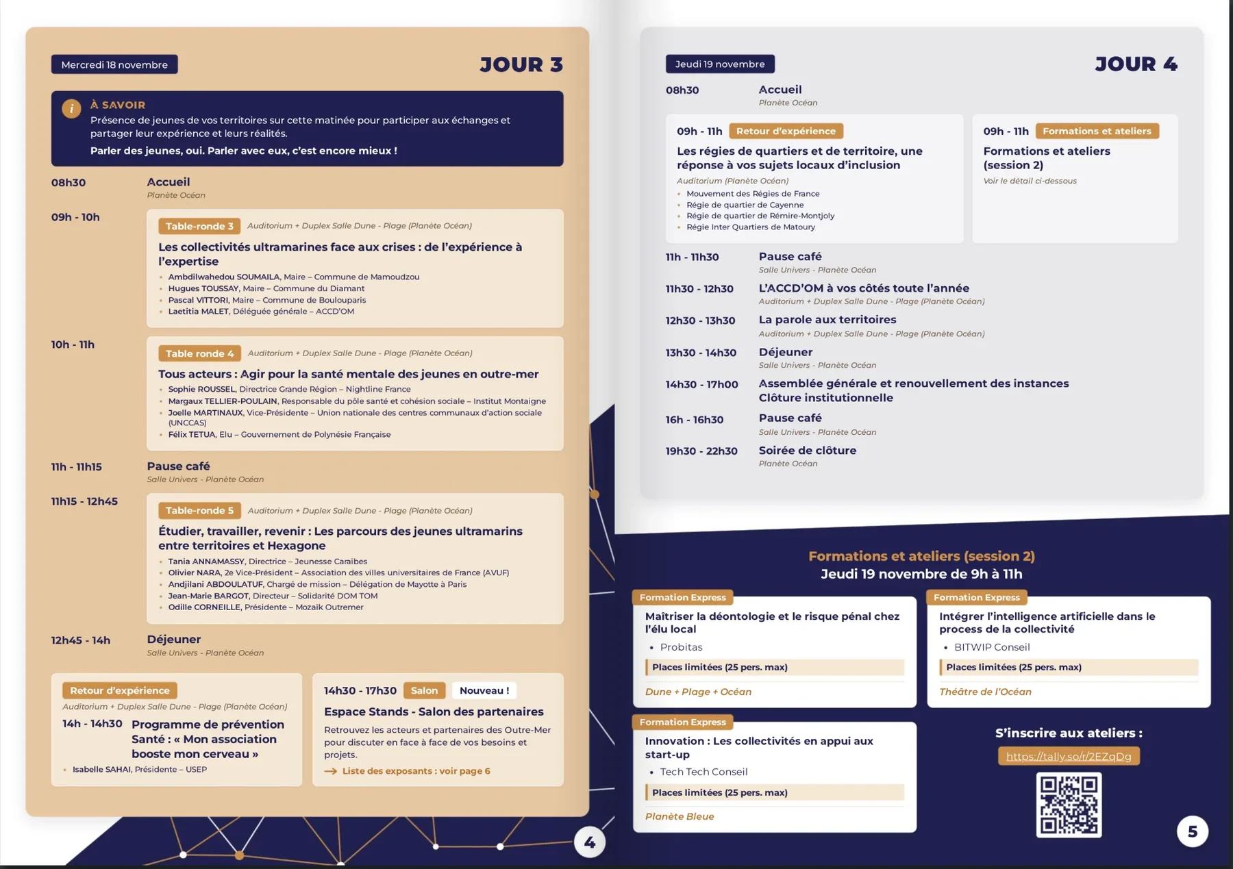 Double page du programme du 34e congrès de l’ACCD’OM : le mercredi 18 novembre avec l’Espace Stands du salon des partenaires, le jeudi 19 novembre avec l’atelier de Bitwip Conseil sur l’intelligence artificielle