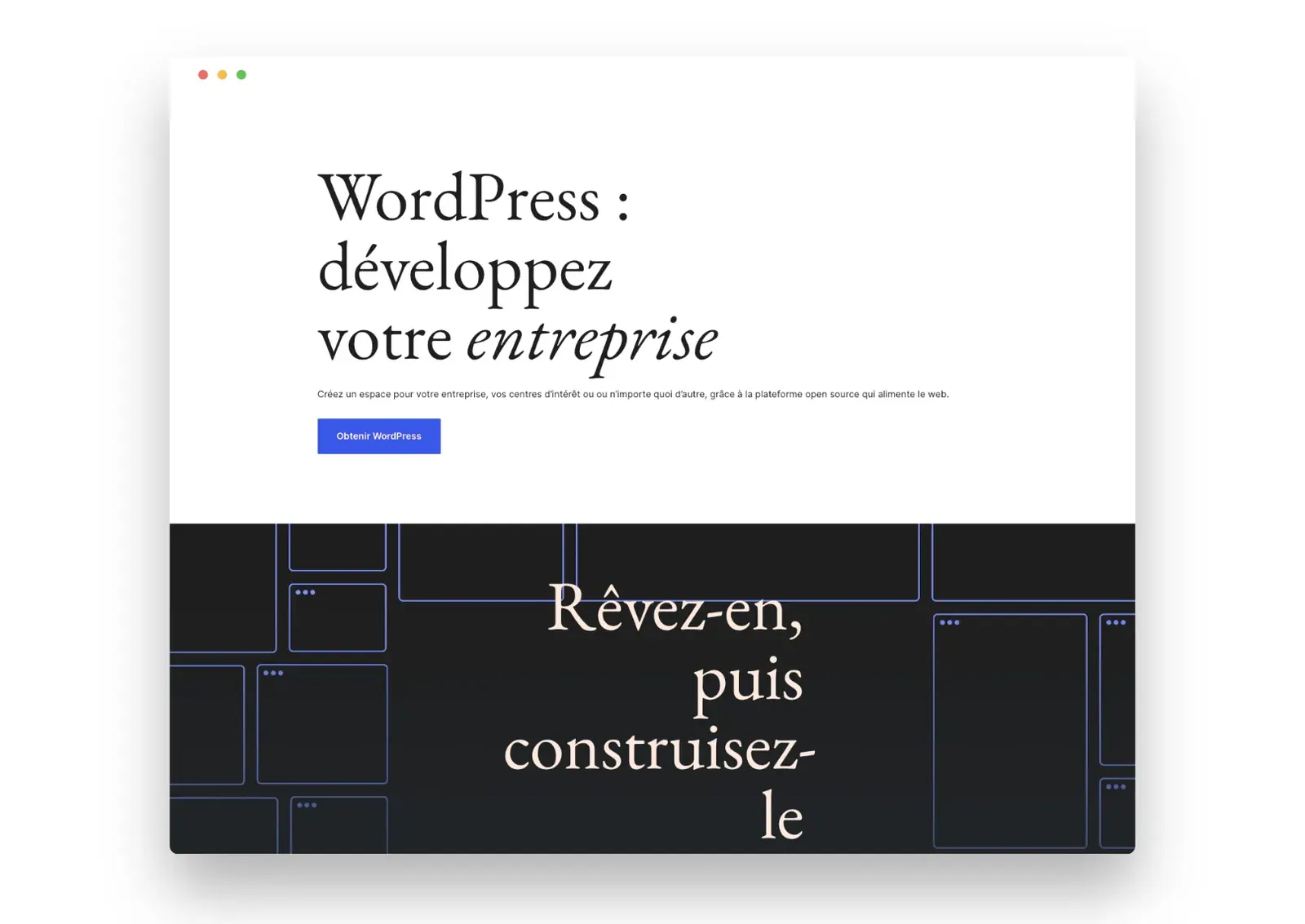 The WordPress.org homepage: “WordPress: développez votre entreprise”
