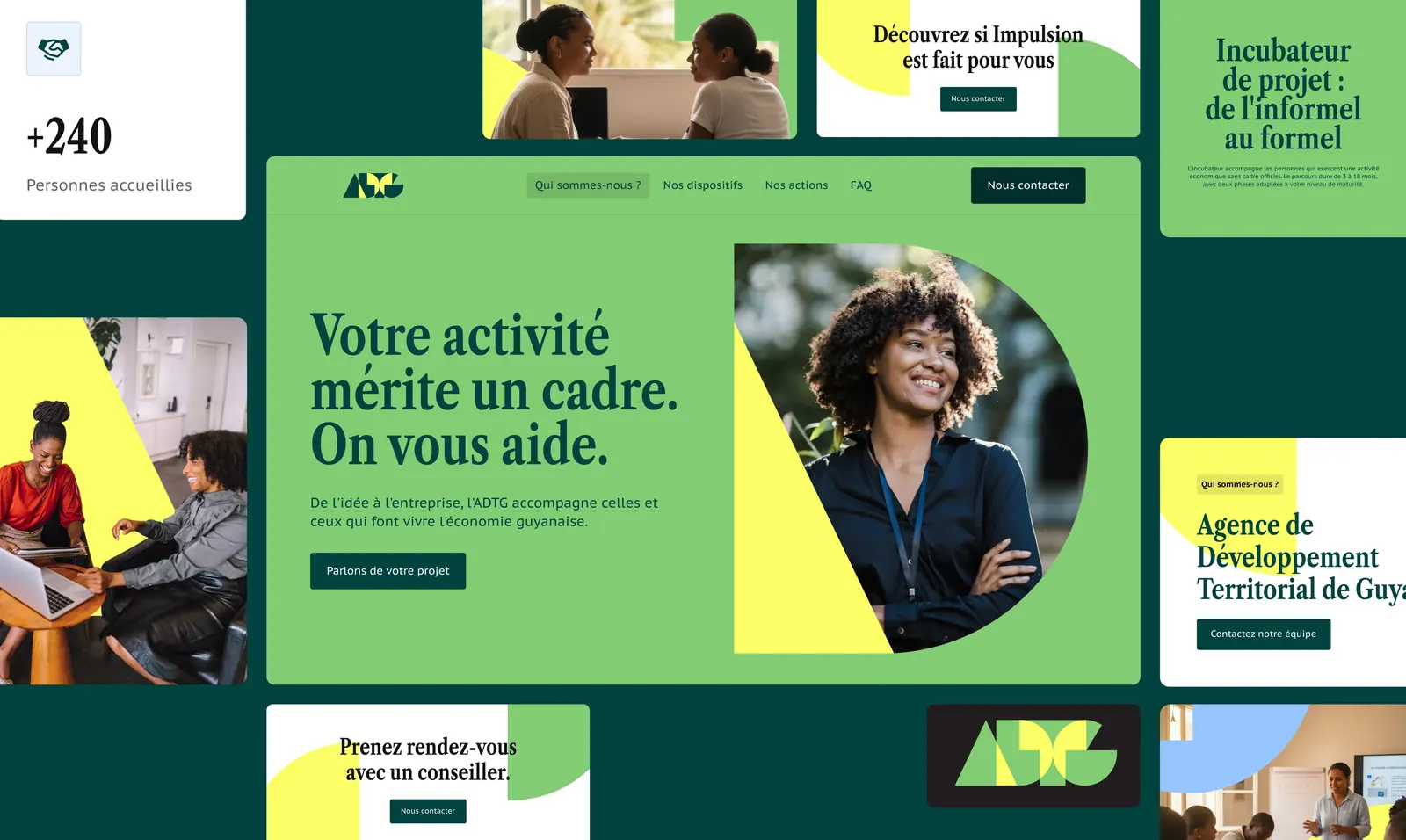 Vue d’ensemble des écrans du site de l’ADTG : « Votre activité mérite un cadre. On vous aide. »