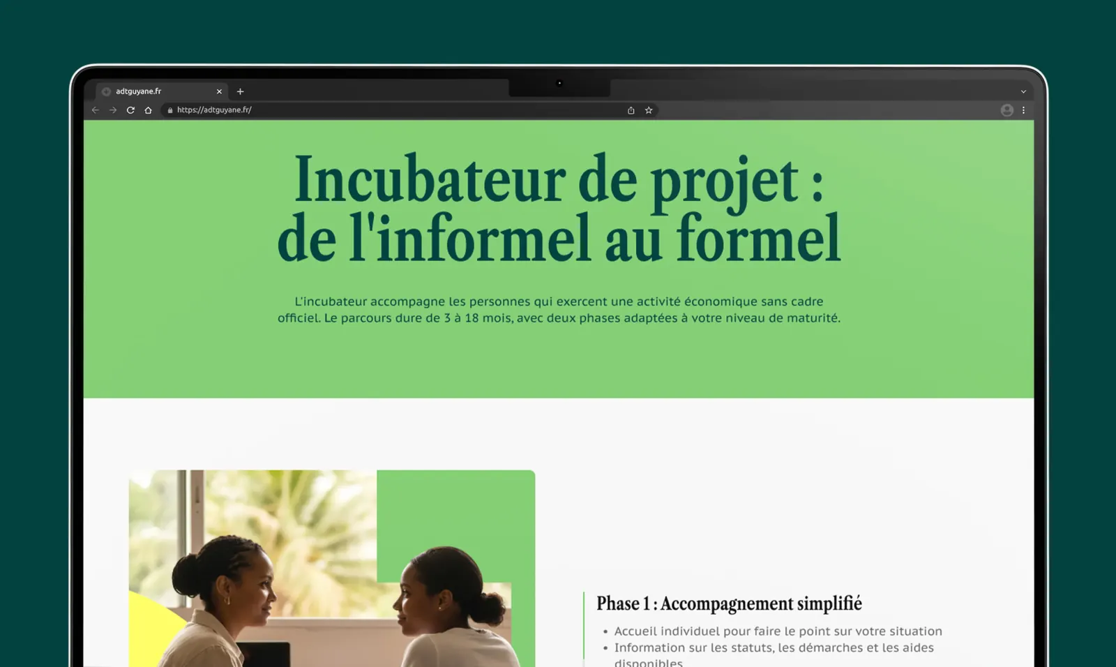 Page « Incubateur de projet : de l’informel au formel » du site de l’ADTG, sur un écran