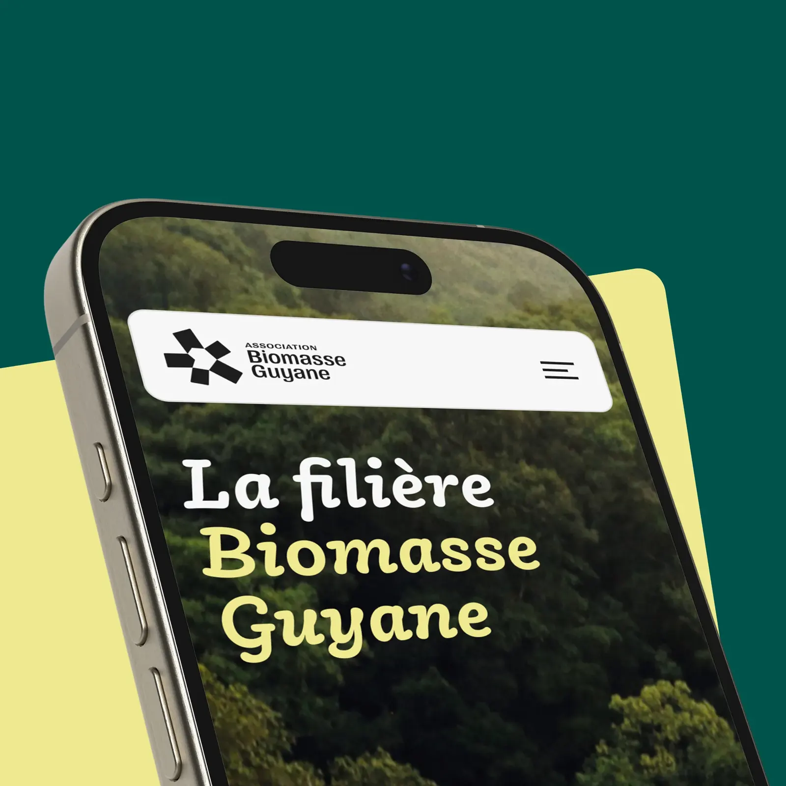 Le site de Biomasse Guyane sur un smartphone : l’accueil « La filière Biomasse Guyane » sur une photo de forêt