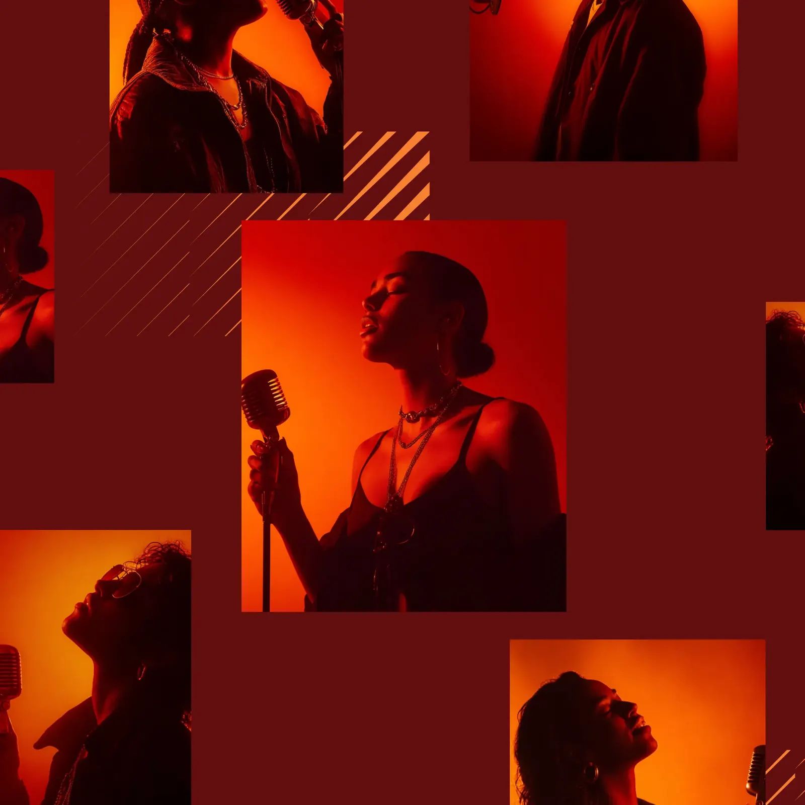 Stage photos from the Medley Concerts Music identity: singers at the mic, backlit against red and orange backgrounds