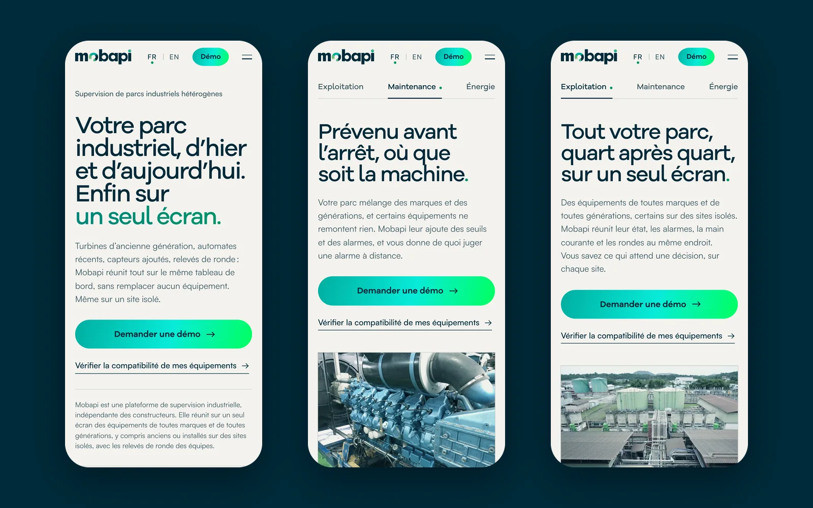 The Mobapi website on a phone: the home page, the Maintenance page and the Operations page
