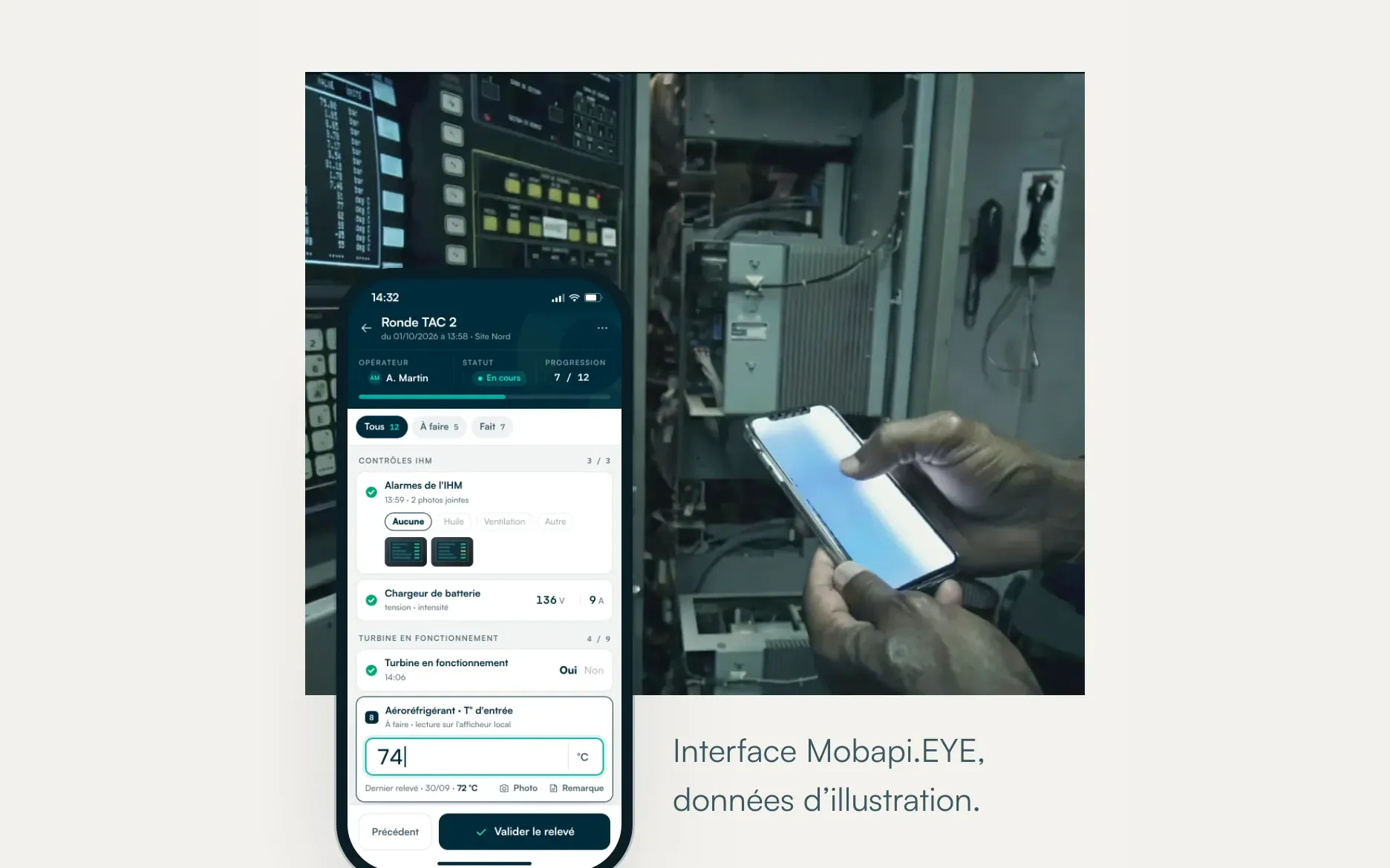 Rounds and shift log page: the Mobapi.EYE interface on a phone, with sample data