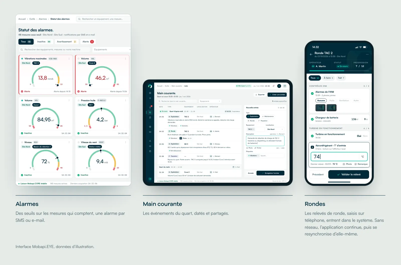 Mobapi.EYE screens: alarms, shift log and rounds